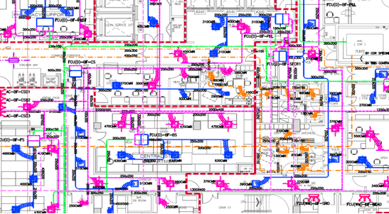 Plan view of air conditioning and mechanical ventilation ducting layout, showing system distribution across building zones