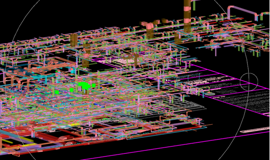 Complex full-floor ductwork layout in a multi-level hospital project, highlighting unsynchronized riser integration