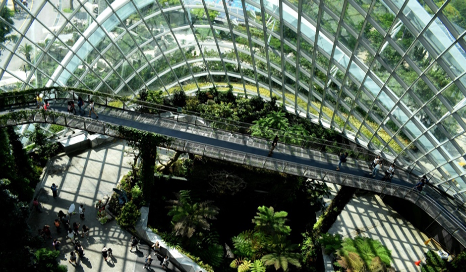 Indoor garden with elevated walkway and glass dome roof, showcasing sustainable architecture and natural lighting design