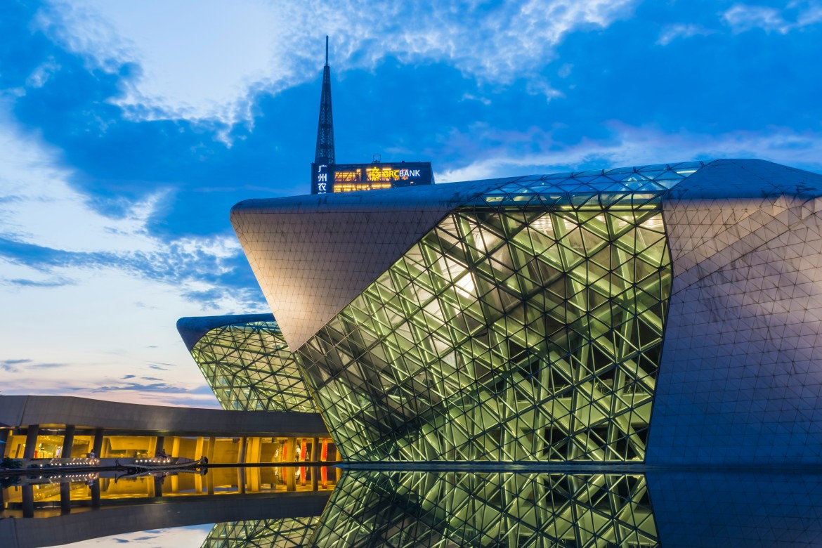 Beijing Opera House – Angular glass-and-metal structure with tilted walls.