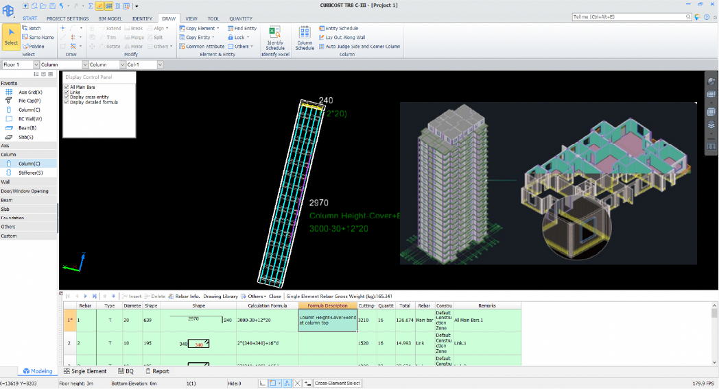 Digital rebar takeoff model displayed in Cubicost TRB software with 3D building visualization.