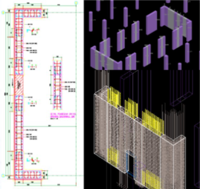 Side-by-side 2D drawing and 3D visualization of rebar layouts generated with Glodon Cubicost TRB, following Indonesian SNI structural standards.