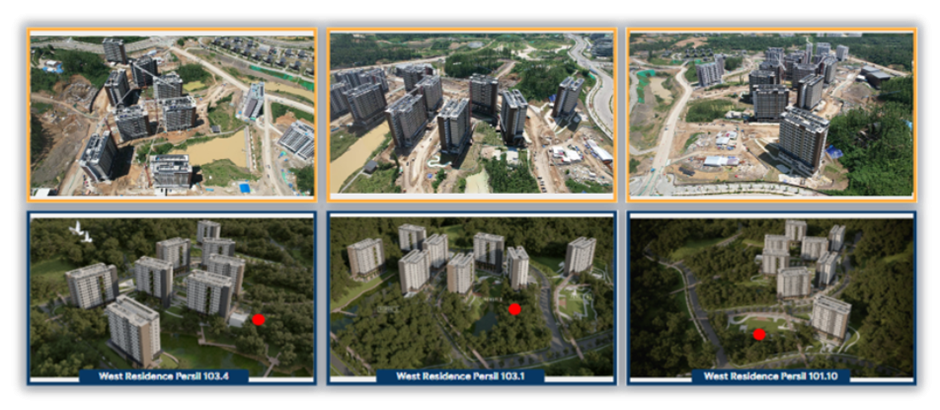 Side-by-side comparison of aerial photos showing construction progress of the ASN Apartment 2 buildings in IKN, paired with digital 3D models of the West Residence towers generated using Glodon Cubicost for project monitoring.