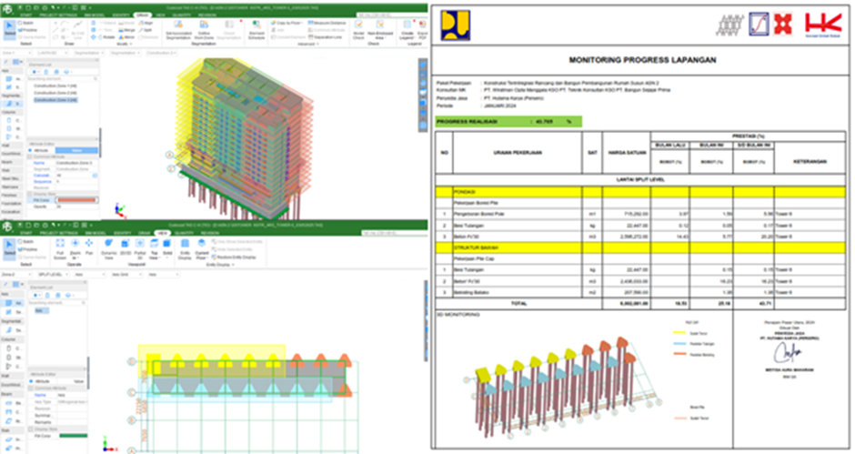 Split-screen showing a 3D BIM model with pile foundations and a field progress monitoring report for ASN Apartment 2, detailing completed work, unit prices, and percentage progress.