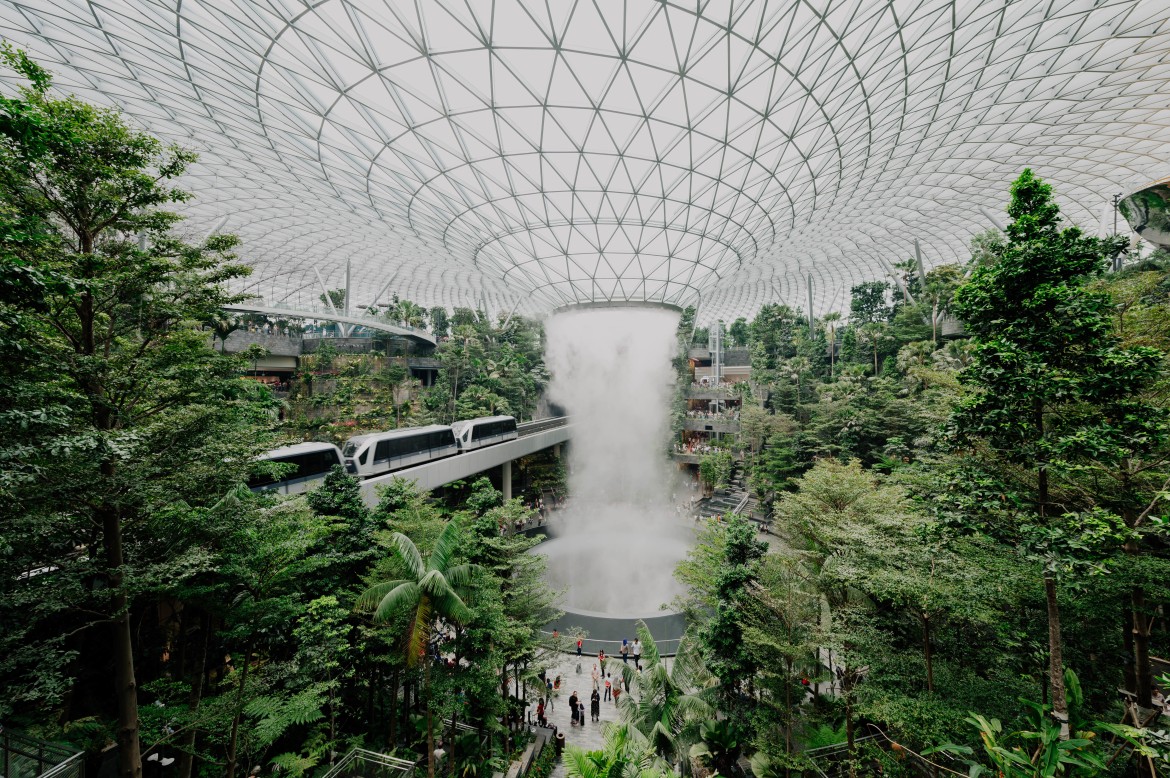 Jewel Changi Airport indoor waterfall and forest dome as sustainable architectural design in Singapore