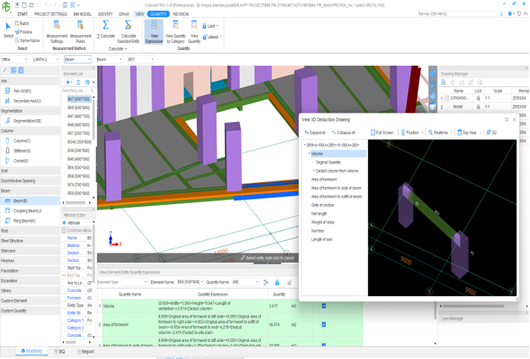 Cubicost interface showing View Expression formulas and a 3D Deduction View used to verify structural quantities and improve calculation transparency.