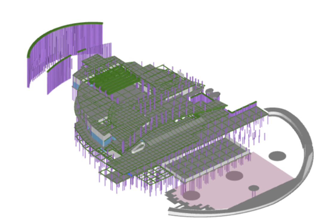 3D TAS model of the State Palace and Ceremonial Field created using Glodon Cubicost TAS, showing structural components for precise quantity take-off and construction planning by PT PP.